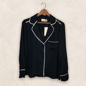New Anthropologie XS S PM Everleigh Black Piping Pajama Inspired Blouse Top